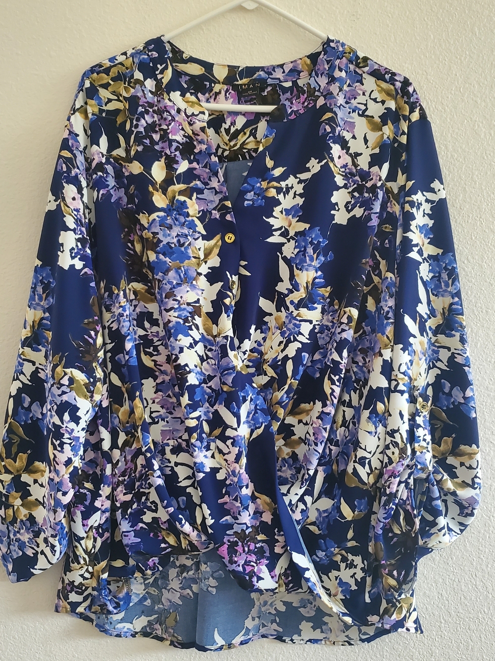 IMAN Navy Floral 1/3 Button-Front Blouse with Gold Accents Size 3x